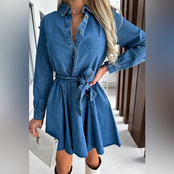 Tied Half Button Long Sleeve Denim Dress - Picture 5 of 5